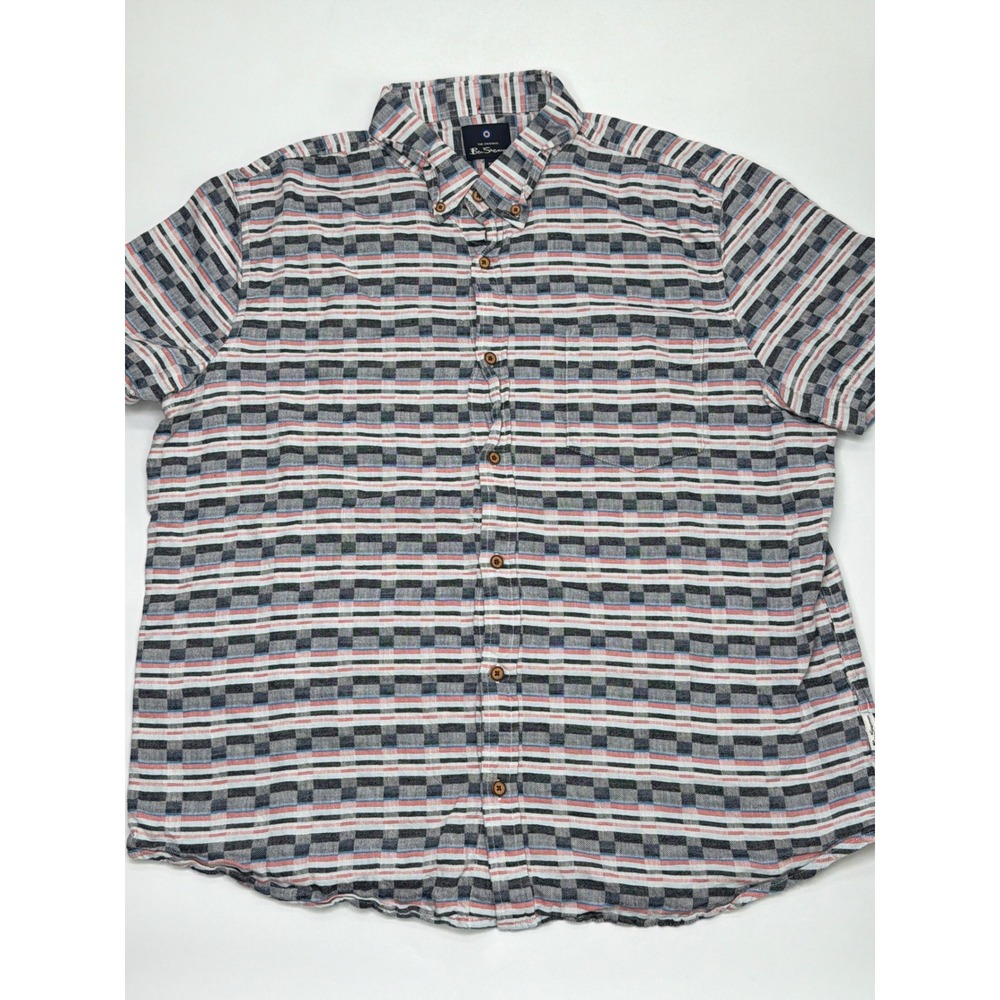 Ben Sherman Mens XL Linen Cotton Short Sleeve Button Down Shirt Block Stripe